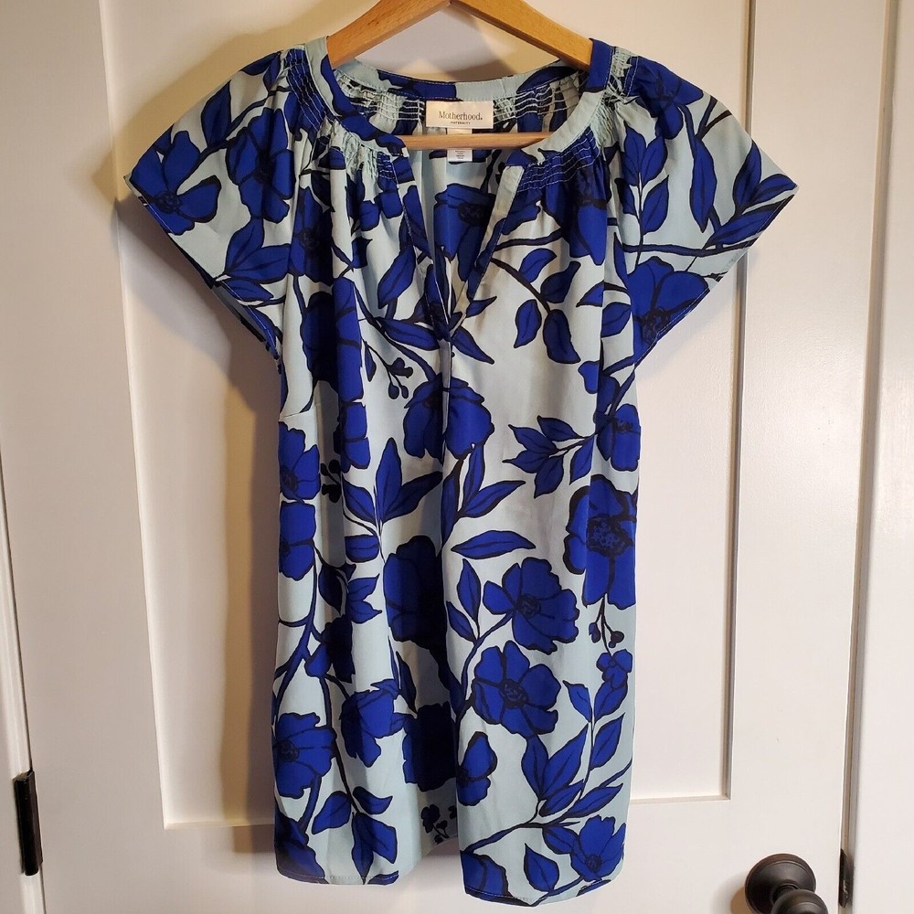 Motherhood Maternity Shirt Tunic Blouse Floral Print Blue White Black Size XS